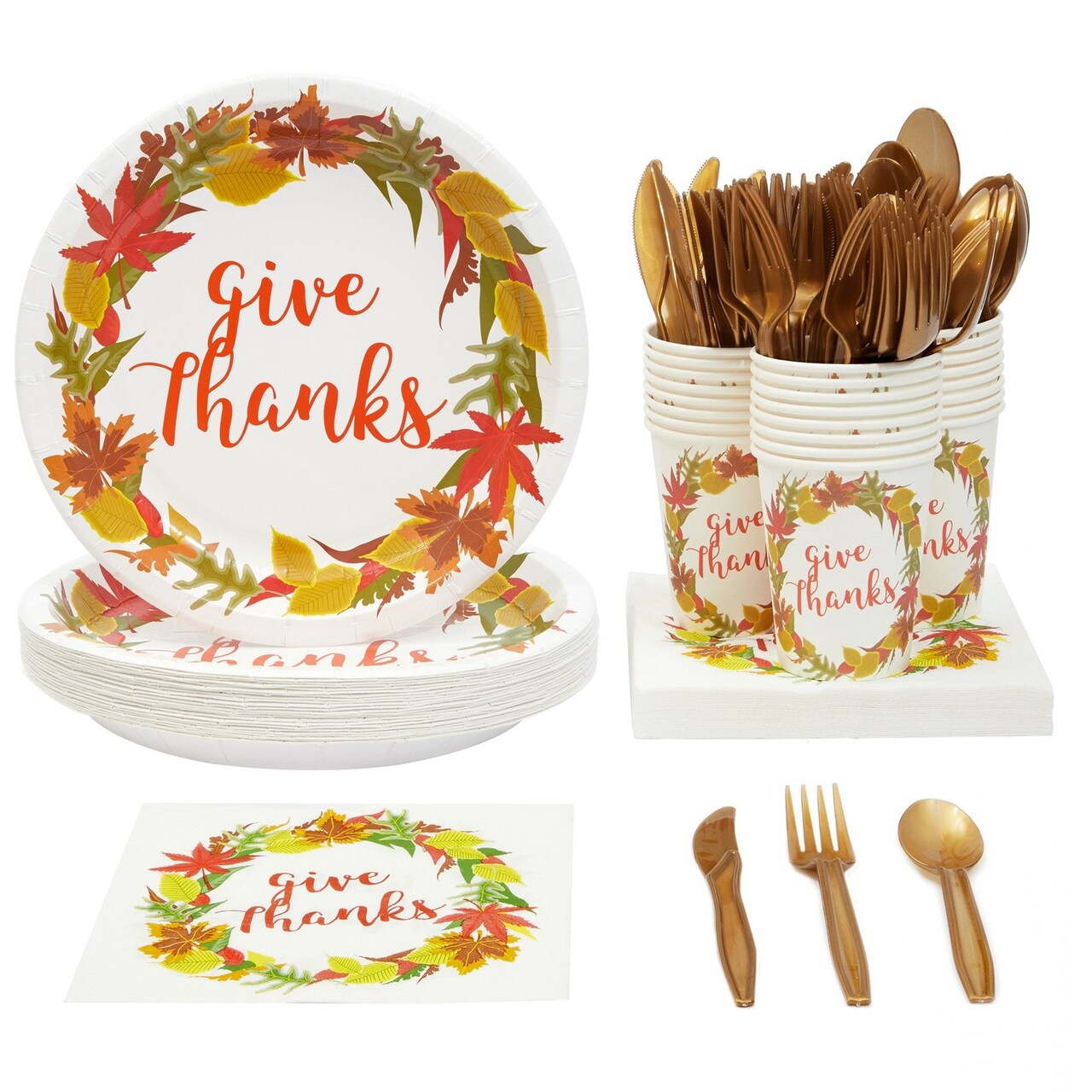 Thanksgiving Plate Set with Plastic Cutlery, Cups, Napkins for Fall Party, Give Thanks (Serves 24, 144 Pieces)
